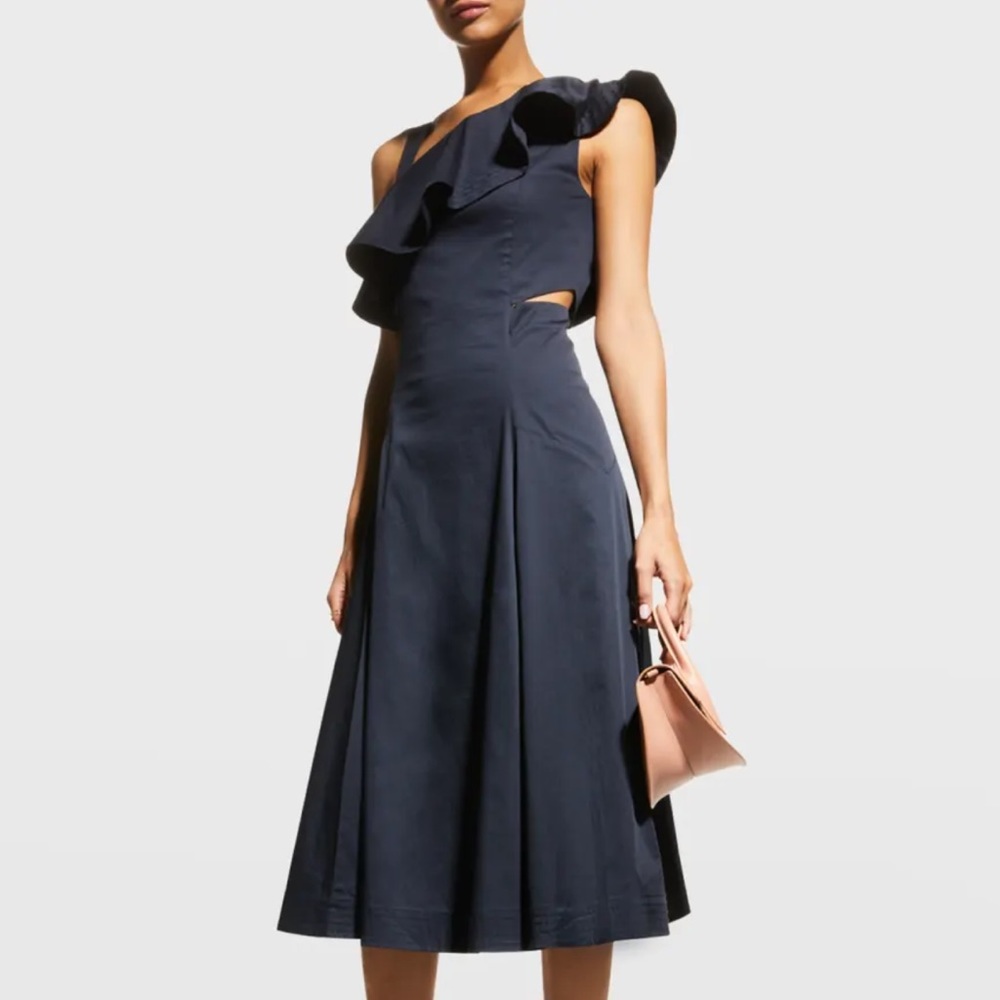 NWT VERONICA BEARD NAVY BEILLA ONE SHOULDER RUFFLE DRESS! SIZE 4! - Picture 1 of 6